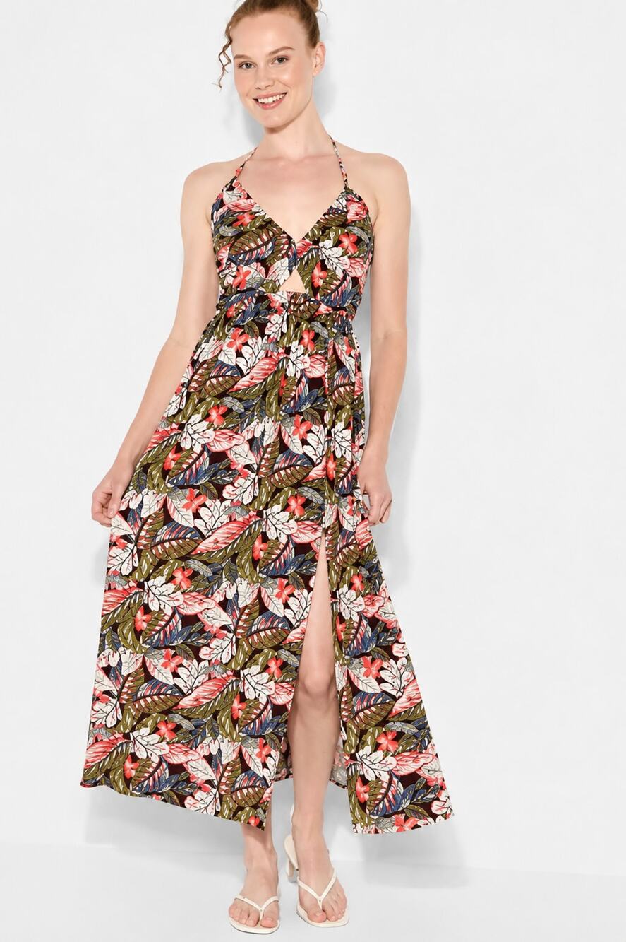 NWT Wild Fable Tropical Floral Halter Maxi Dress Cutout Smocked Boho Size Large - Picture 1 of 7